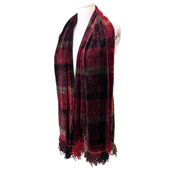 Vintage Chenille Plaid Scarf Red Black Fringe Trim Shawl Retro Preppy Cozy - Picture 3 of 7